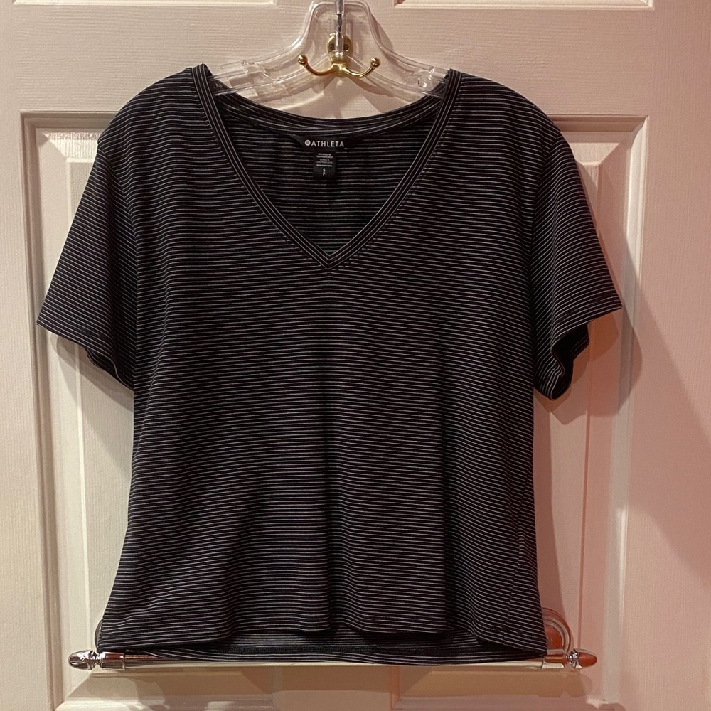 Athleta Black with Thin White Stripes Short Sleeve V-Neck Cropped Tee